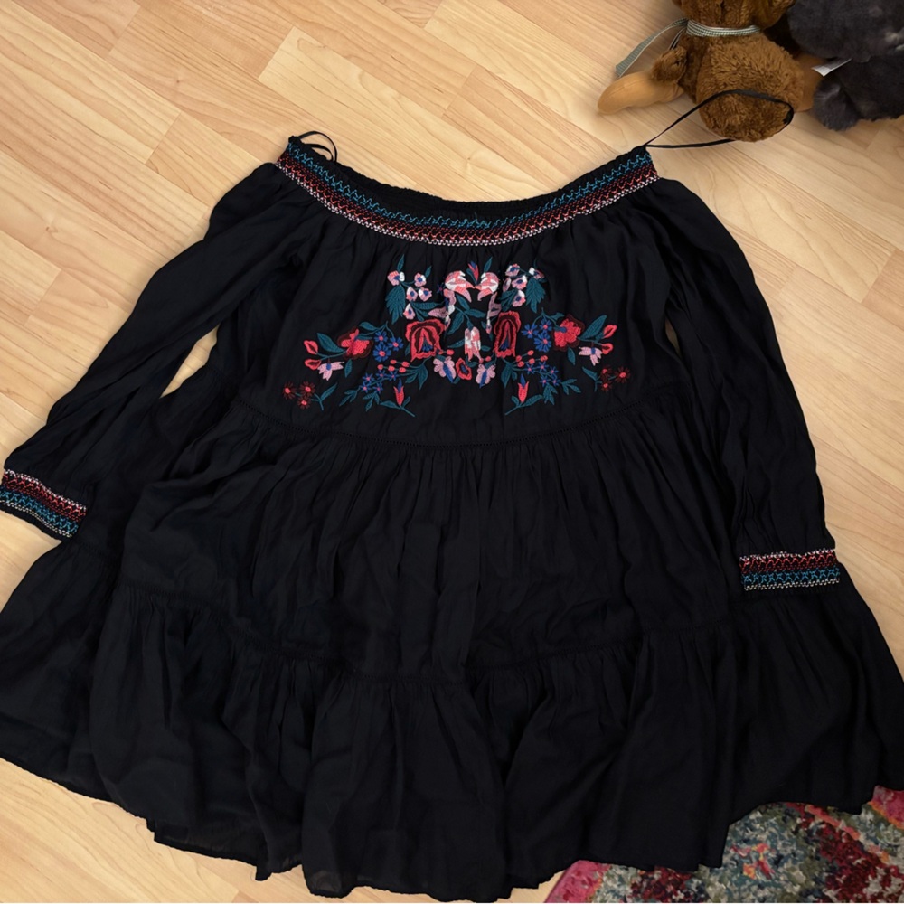 Free People Black Embroidered Off-Shoulder Dress